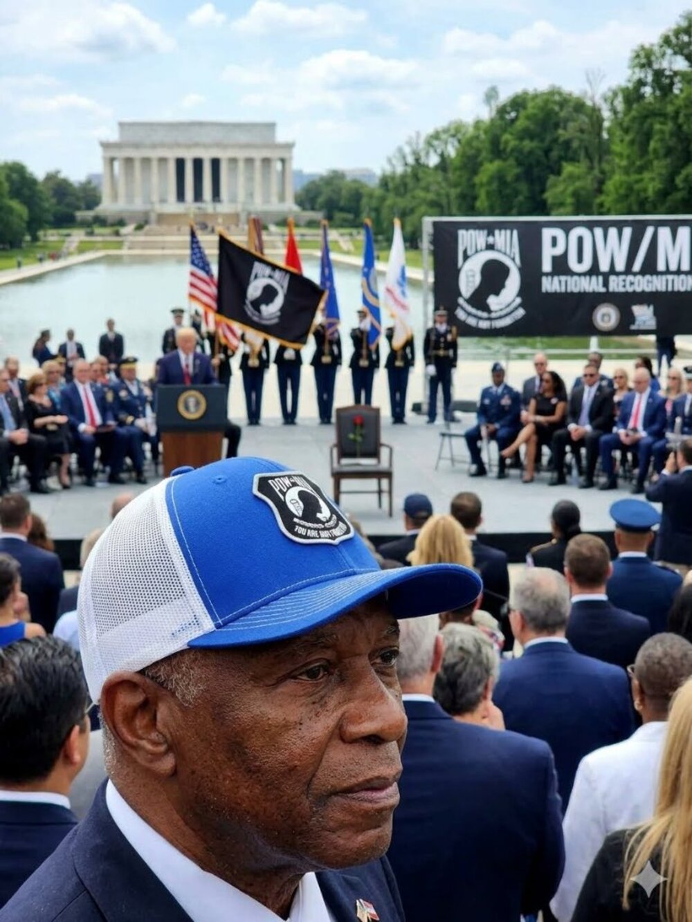 POW MIA Patched Royal Blue/White Mesh Snapback Trucker Hat